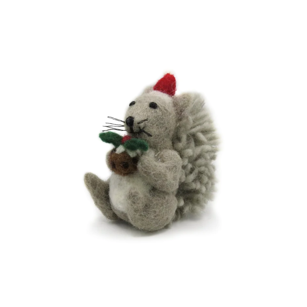 Amica Felt Grey Squirrel With Christmas Pudding