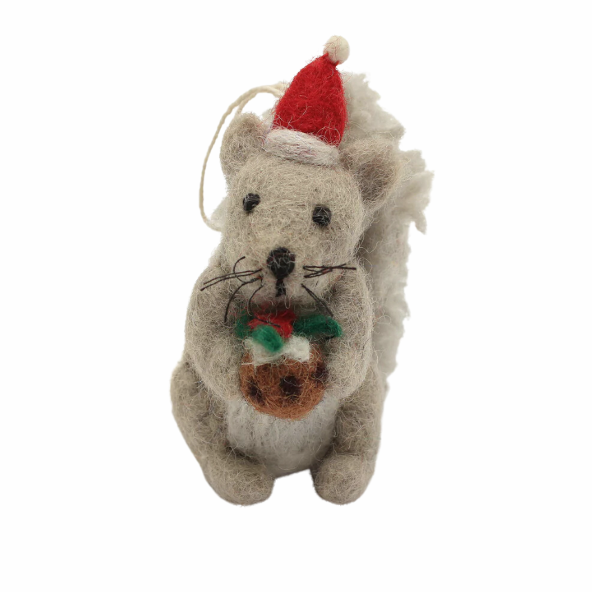 Amica Felt Grey Squirrel With Christmas Pudding