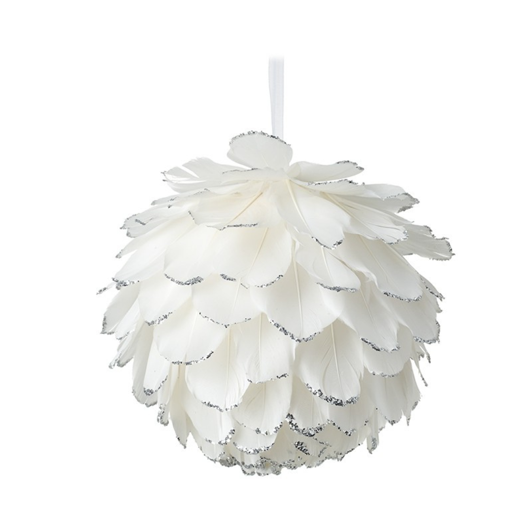 Heaven Sends Large White Fluffy Bauble - Silver Tipped