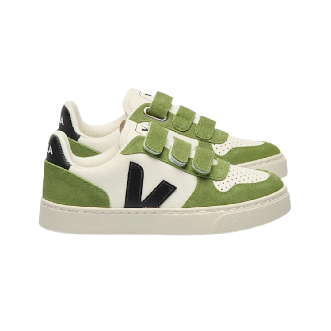 Veja Small V-10 Leather Shoe CV0521506C — Pure Black/Kiwi